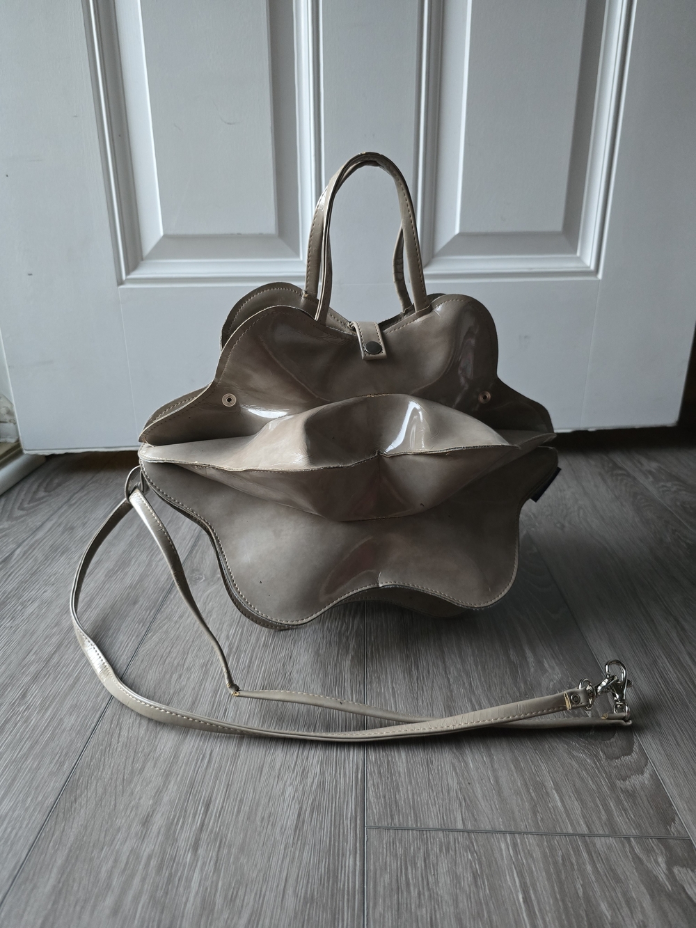 Avant Garde Taupe Patent Wavy Petal Tote Bag Made in England Glossy Crossbody